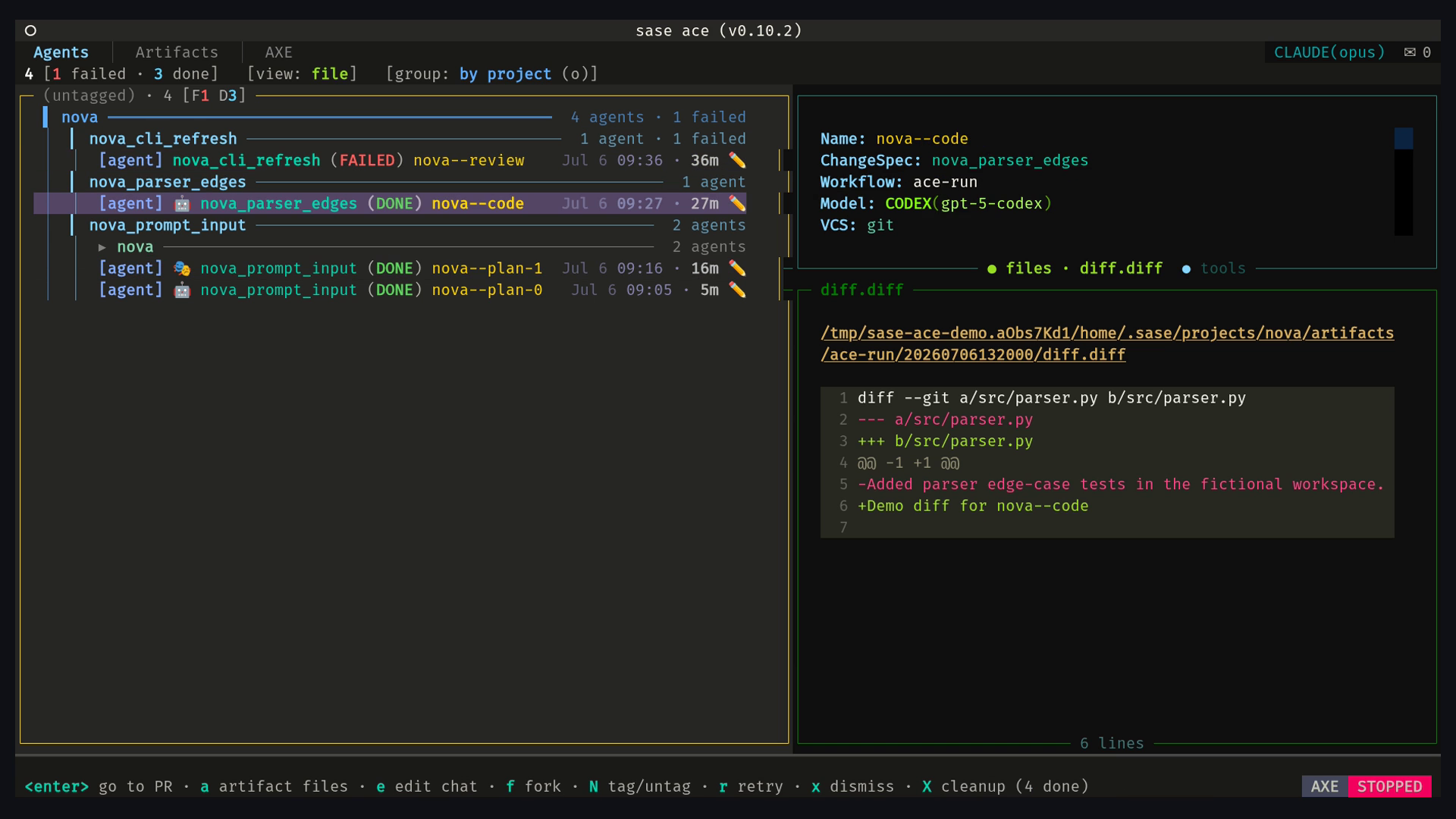Static ACE Agents tab frame showing families, model metadata, and tool call details
